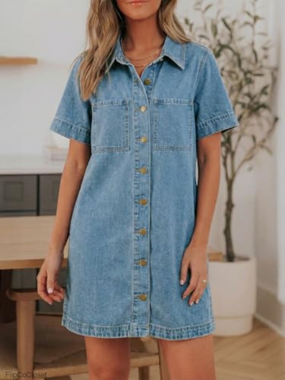 Button Down Denim Dress Short Sleeve Babydoll Mini Jean Shirt Dress - Picture 2 of 6